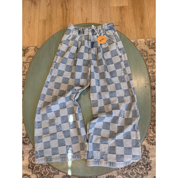 BiBi Denim - BiBi Checkerboard Patchwork Wide Leg Jeans Blue Denim Baggy Pants IB1476-01 S